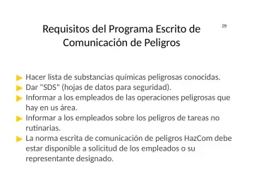 Slide 29: Requisitos del Programa Escrito de Comunicación de Peligros