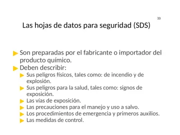Slide 33: Las hojas de datos para seguridad (SDS)