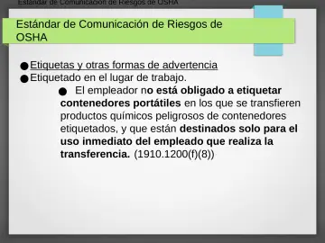 Slide 20: Estándar de Comunicación de Riesgos de OSHA
