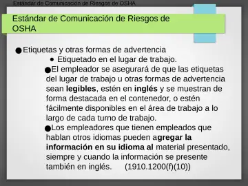 Slide 22: Estándar de Comunicación de Riesgos de OSHA