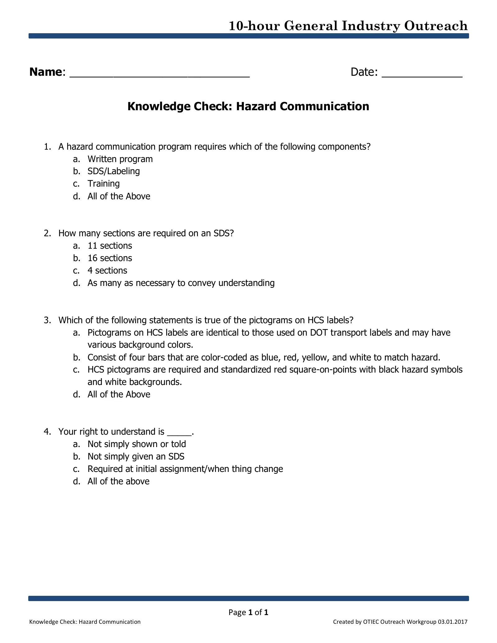 Hazard Communication: Knowledge Check (OSHA 10-Hour General Industry Outreach), page 1: 10-hour General Industry Outreach