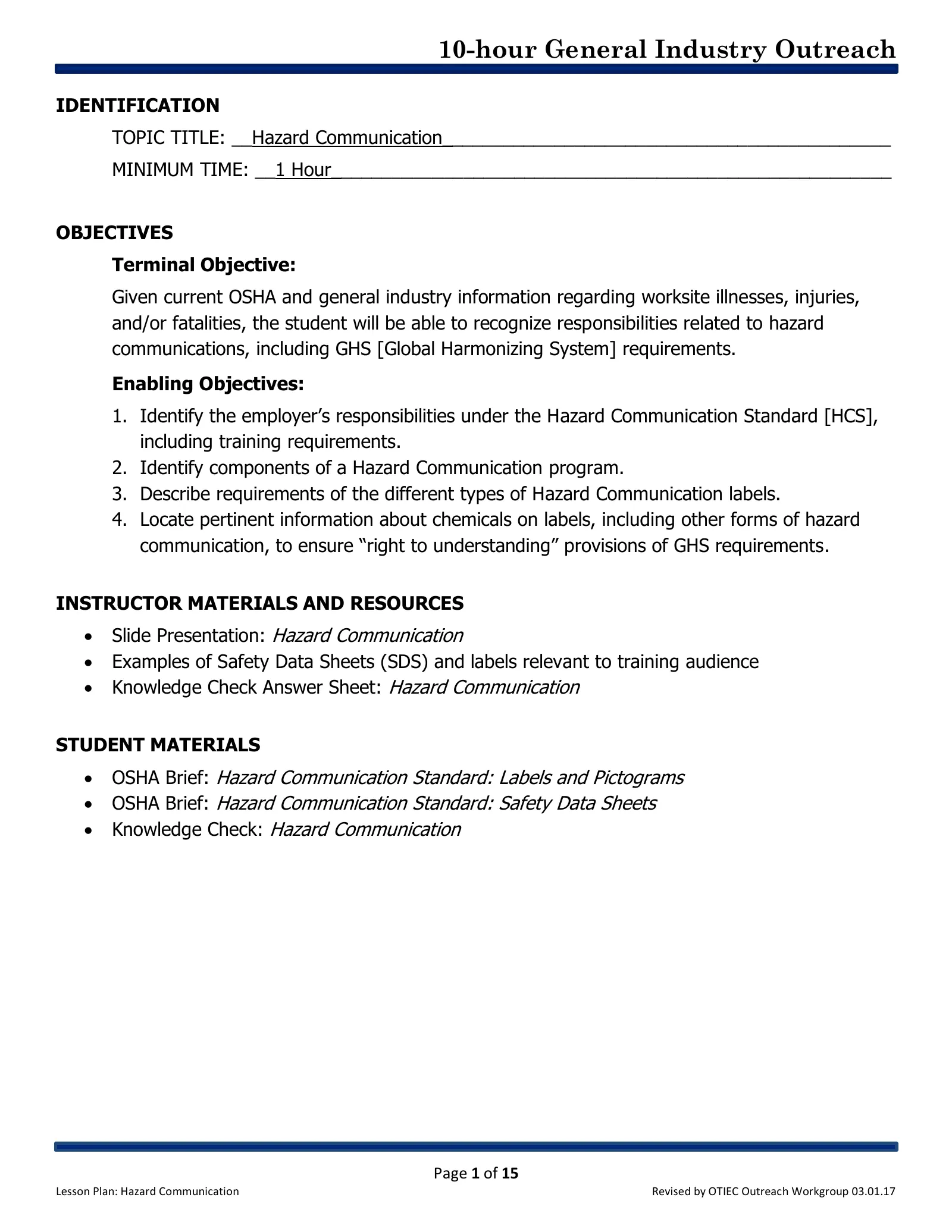 Hazard Communication: Lesson Plan (OSHA 10-Hour General Industry Outreach), page 1: IDENTIFICATION
