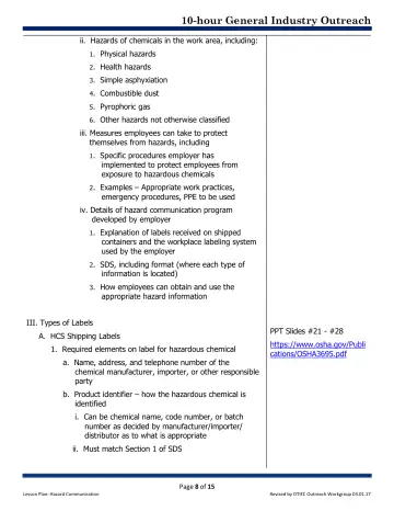Page 8: ii. Hazards of chemicals in the work area, including: