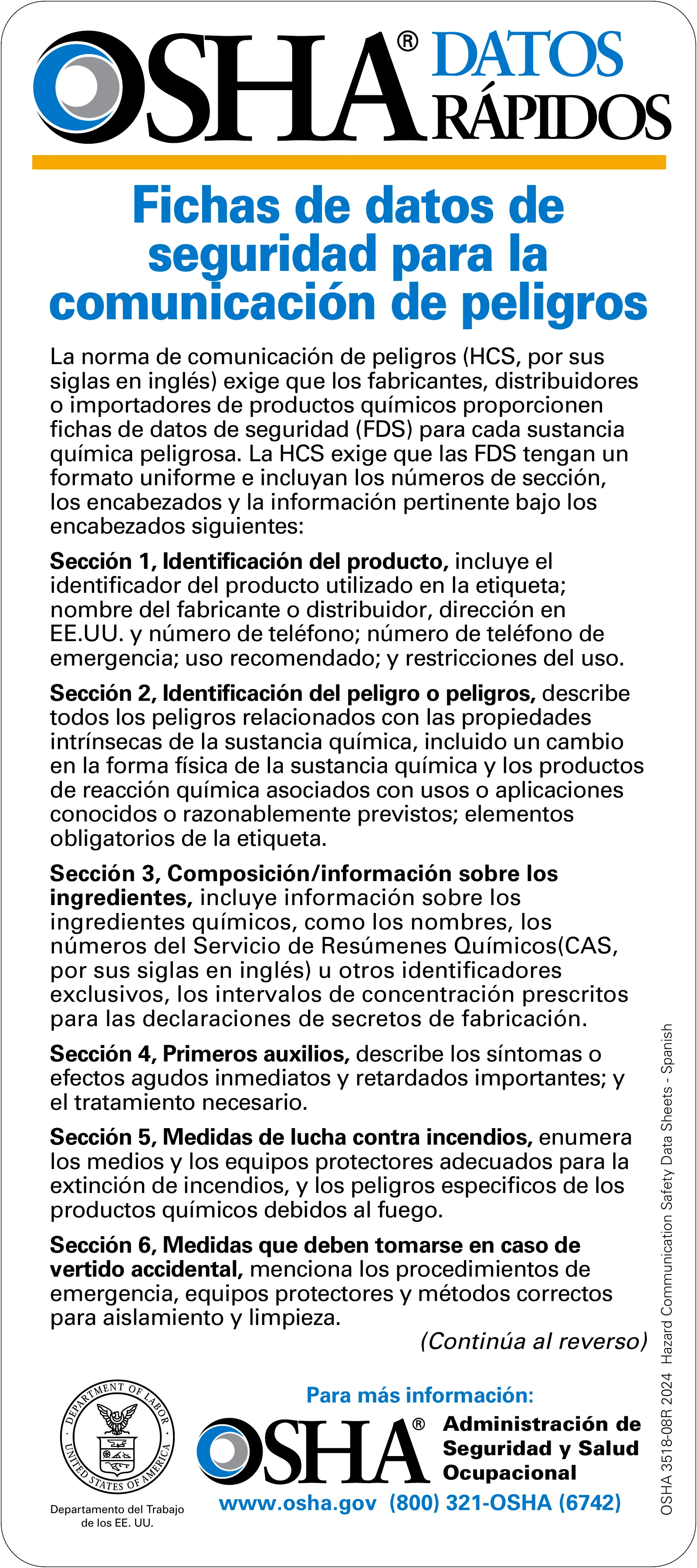 Tarjeta: Hojas de datos de seguridad (OSHA 3518), page 1: DATOS RÁPIDOS