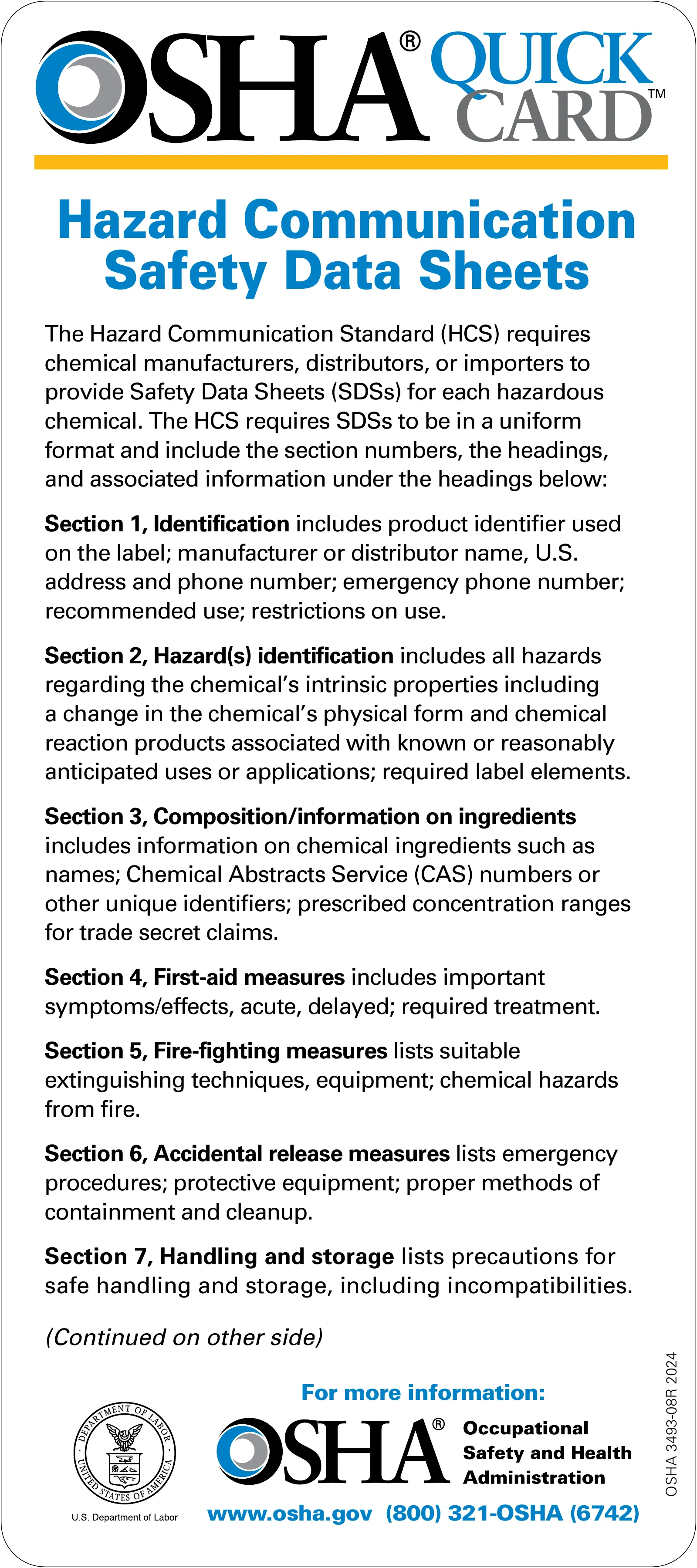 Hazard Communication Safety Data Sheets QuickCard (OSHA 3493), page 1: QUICK CARD