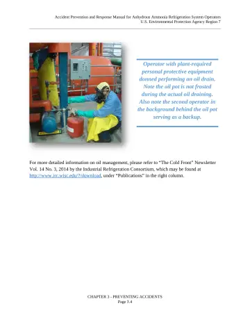 Page 18: Operator with plant-required personal protective equipment donned performing an oil drain.