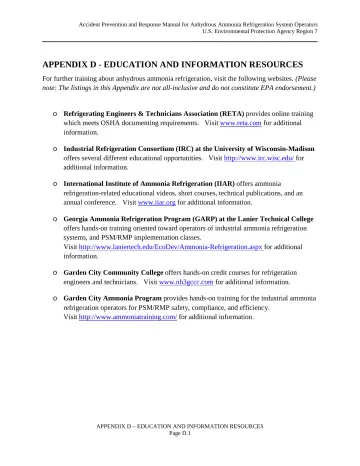 Page 71: APPENDIX D - EDUCATION AND INFORMATION RESOURCES