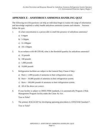 Page 73: APPENDIX E - ANHYDROUS AMMONIA HANDLING QUIZ