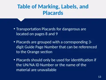 Slide 13: Table of Marking, Labels, and Placards