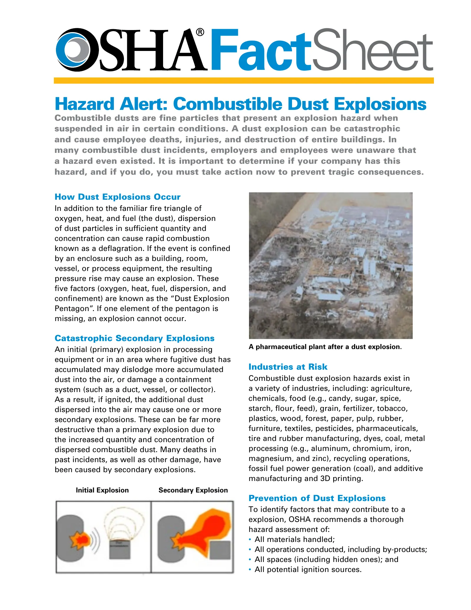 Combustible Dust Explosions Fact Sheet (OSHA FS 3791), page 1: FactSheet