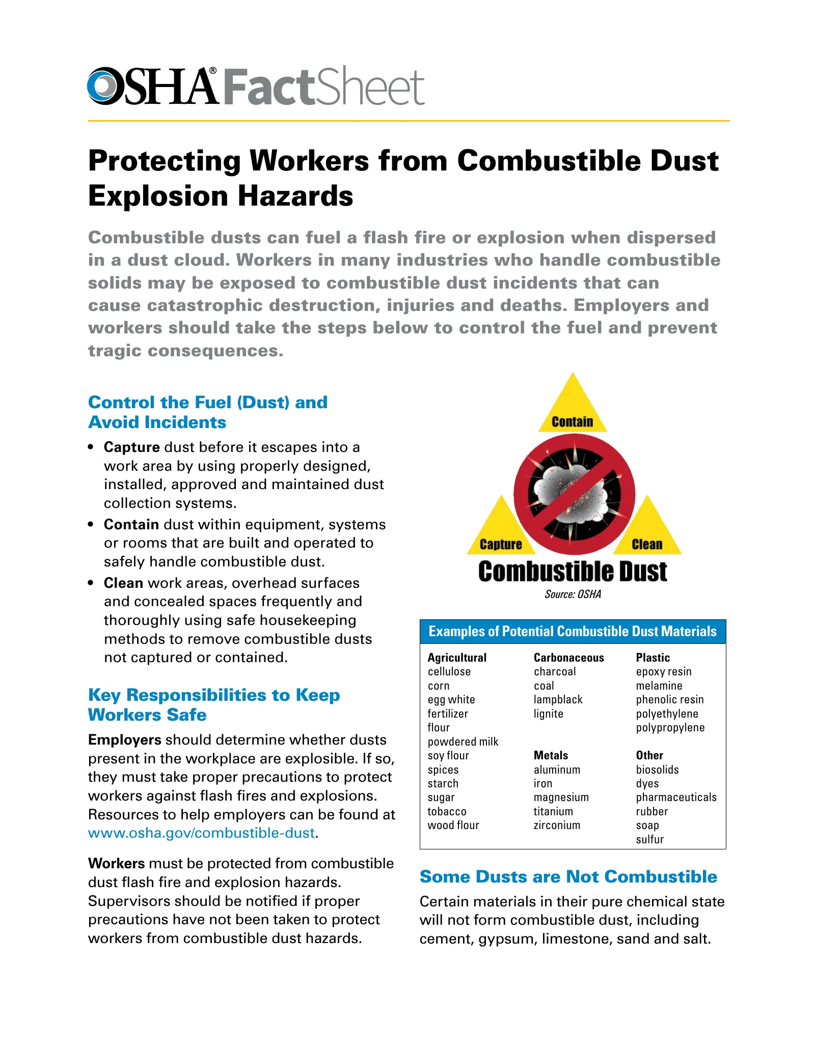 Combustible Dust: Protecting Workers from Combustible Dust Explosion Hazards Fact Sheet (OSHA FS 3878), page 1: FactSheet