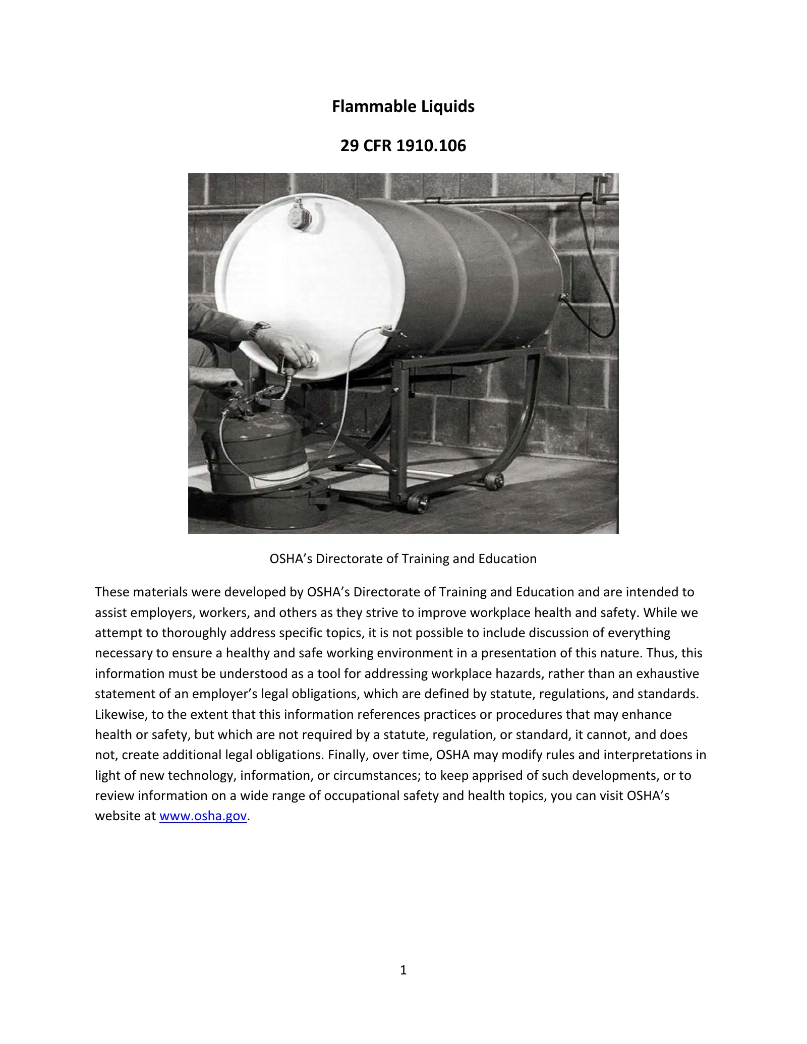 Flammable Liquids 29 CFR 1910.106 (OSHA training library), page 1: Flammable Liquids