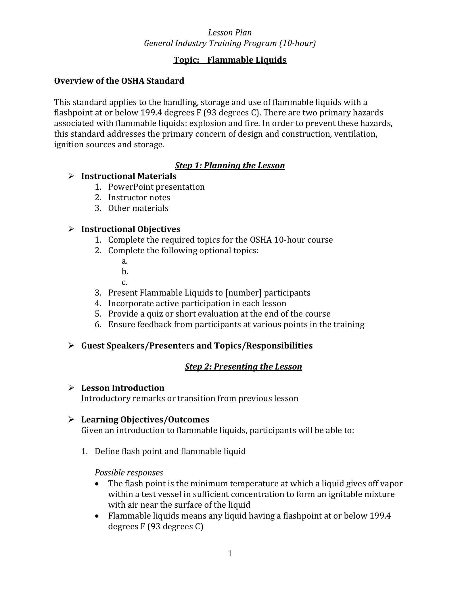 Flammable Liquids: Lesson Plan (OSHA training library), page 1: Topic: Flammable Liquids