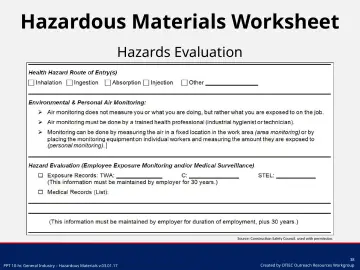 Slide 38: Hazardous Materials Worksheet