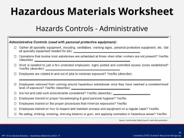Slide 40: Hazardous Materials Worksheet