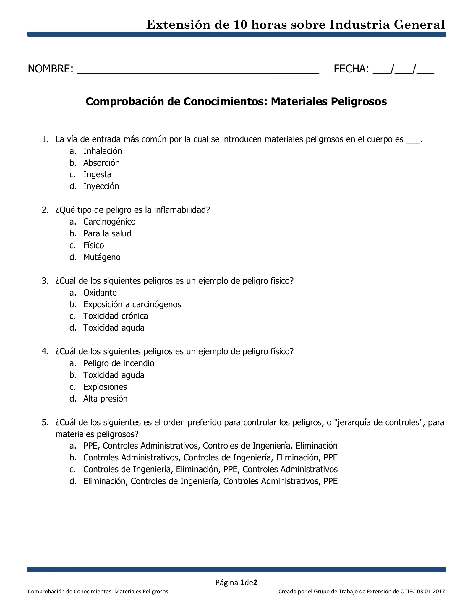 Materiales peligrosos: Comprobación de conocimientos (Capacitación de Extensión de 10 horas de OSHA, Industria General), page 1: Extensión de 10 horas sobre Industria General