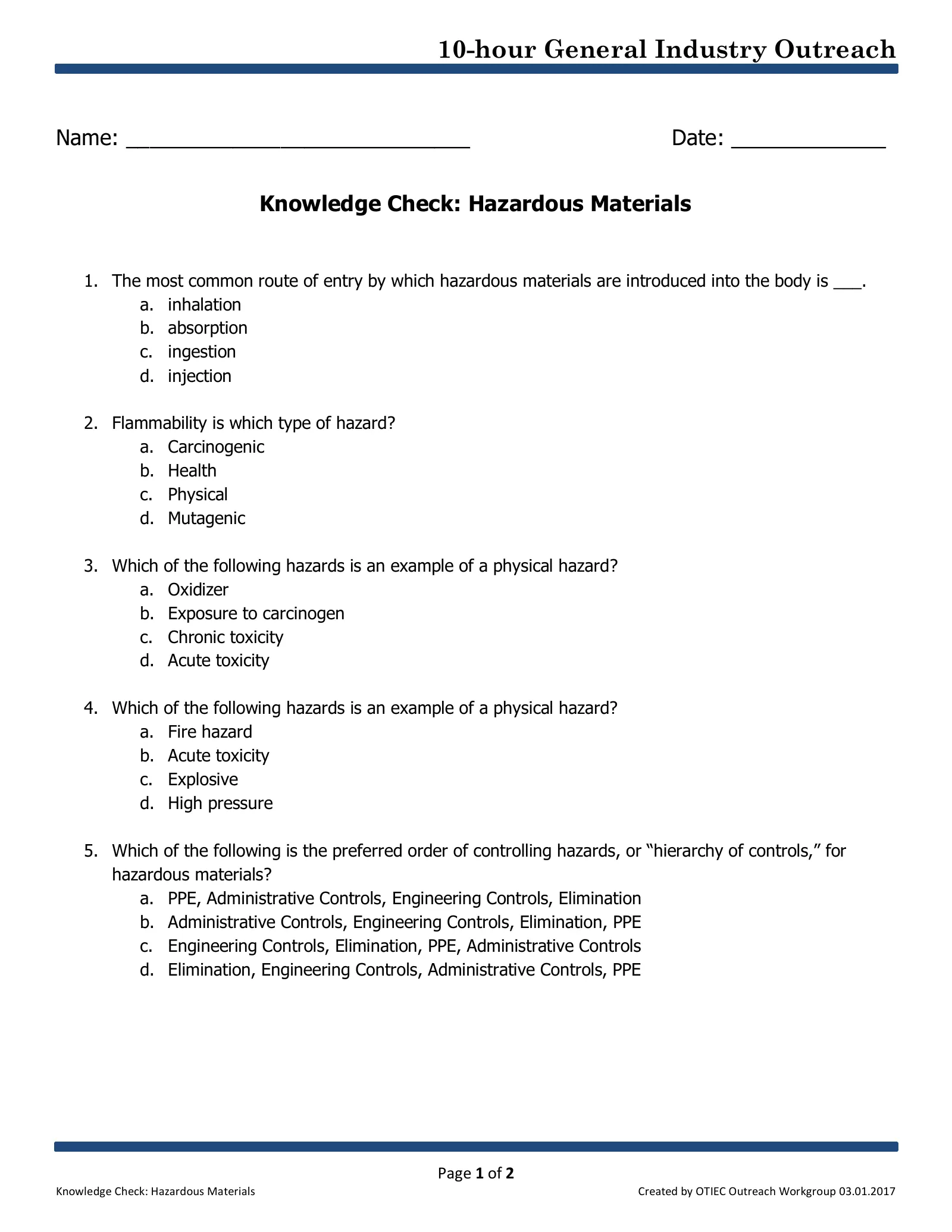 Hazardous Materials: Knowledge Check (OSHA 10-Hour General Industry Outreach), page 1: 10-hour General Industry Outreach