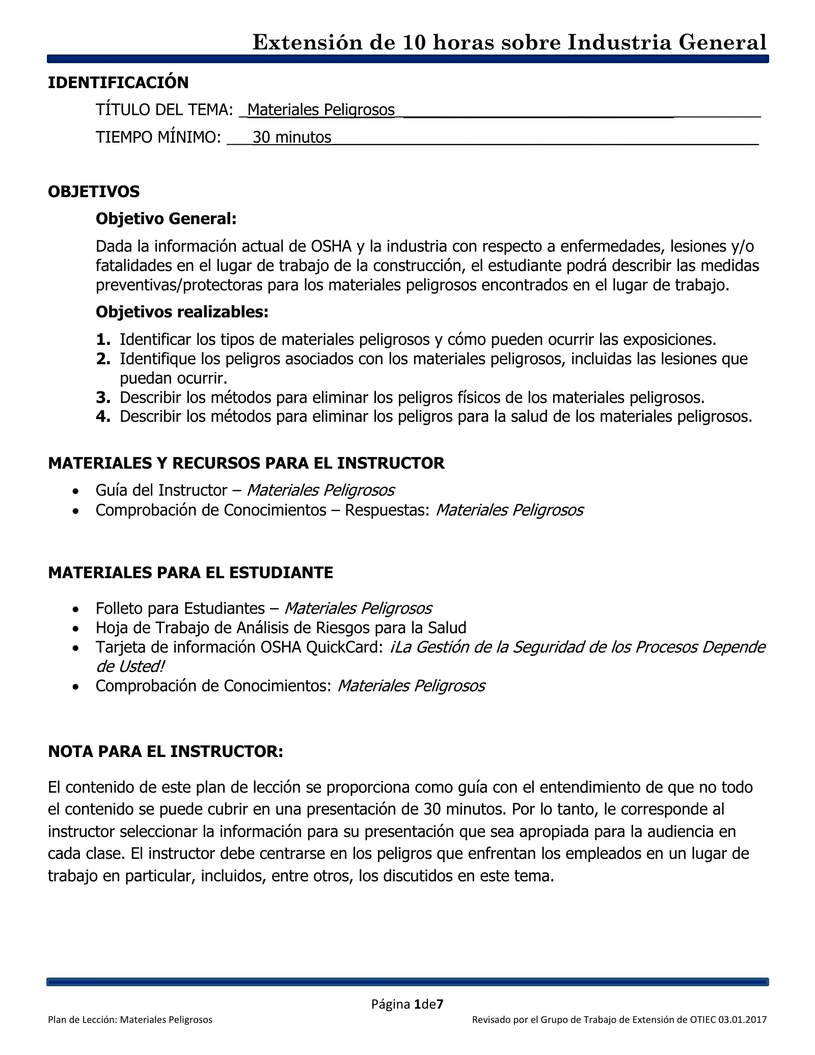 Materiales peligrosos: Plan de lección (Capacitación de Extensión de 10 horas de OSHA, Industria General), page 1: IDENTIFICACIÓN