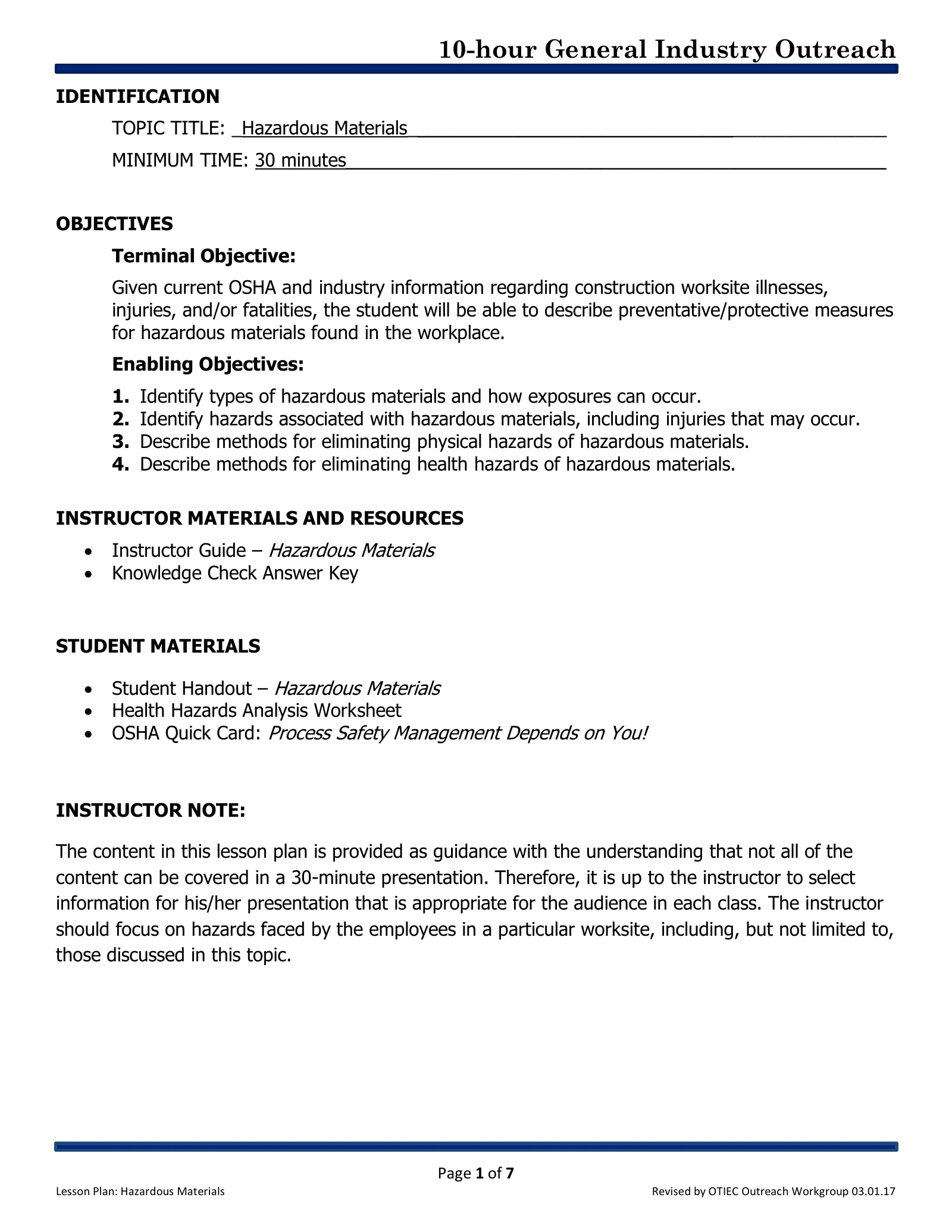 Hazardous Materials: Lesson Plan (OSHA 10-Hour General Industry Outreach), page 1: IDENTIFICATION