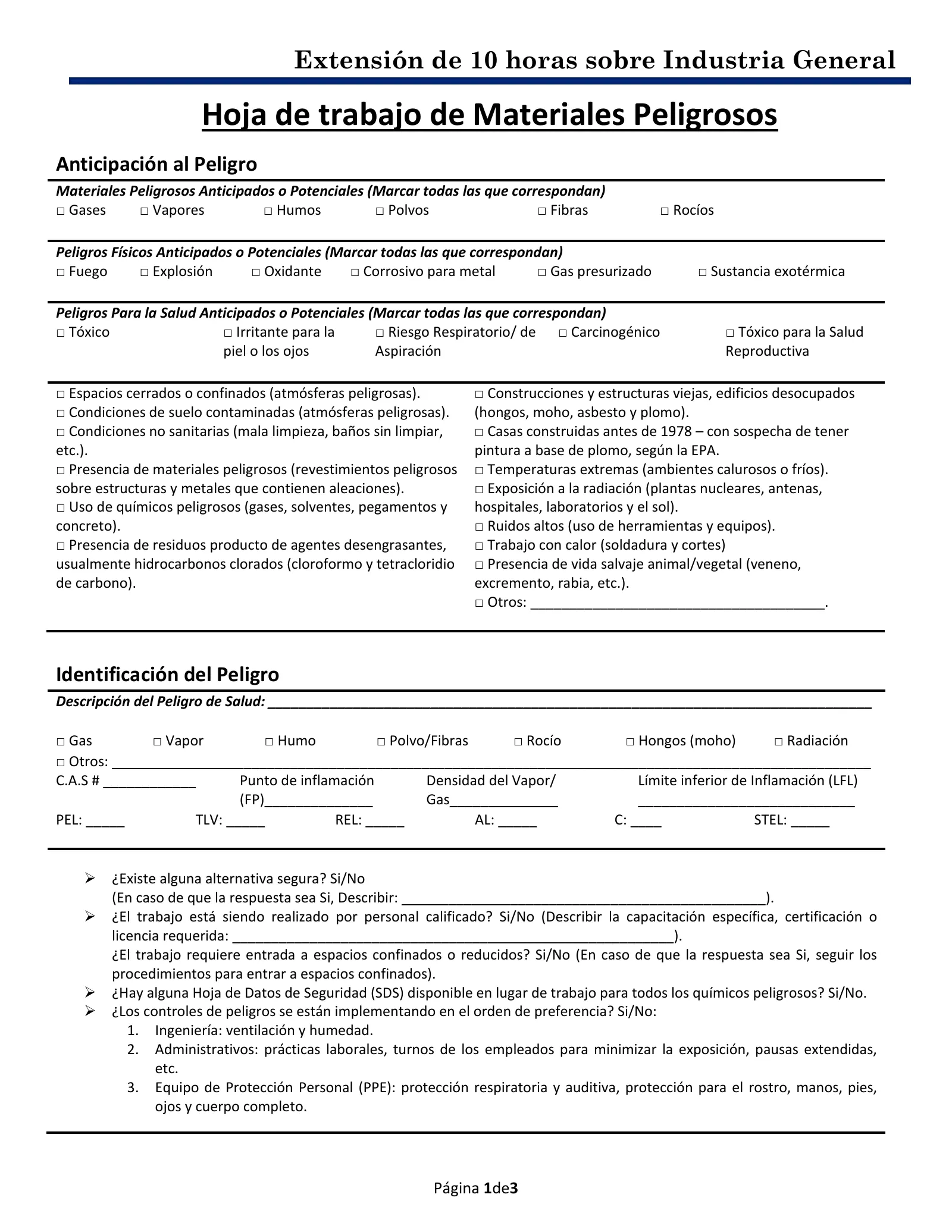 Materiales peligrosos: Hoja de trabajo (Capacitación de Extensión de 10 horas de OSHA, Industria General), page 1: Hoja de trabajo de Materiales Peligrosos
