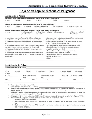 Page 1: Hoja de trabajo de Materiales Peligrosos