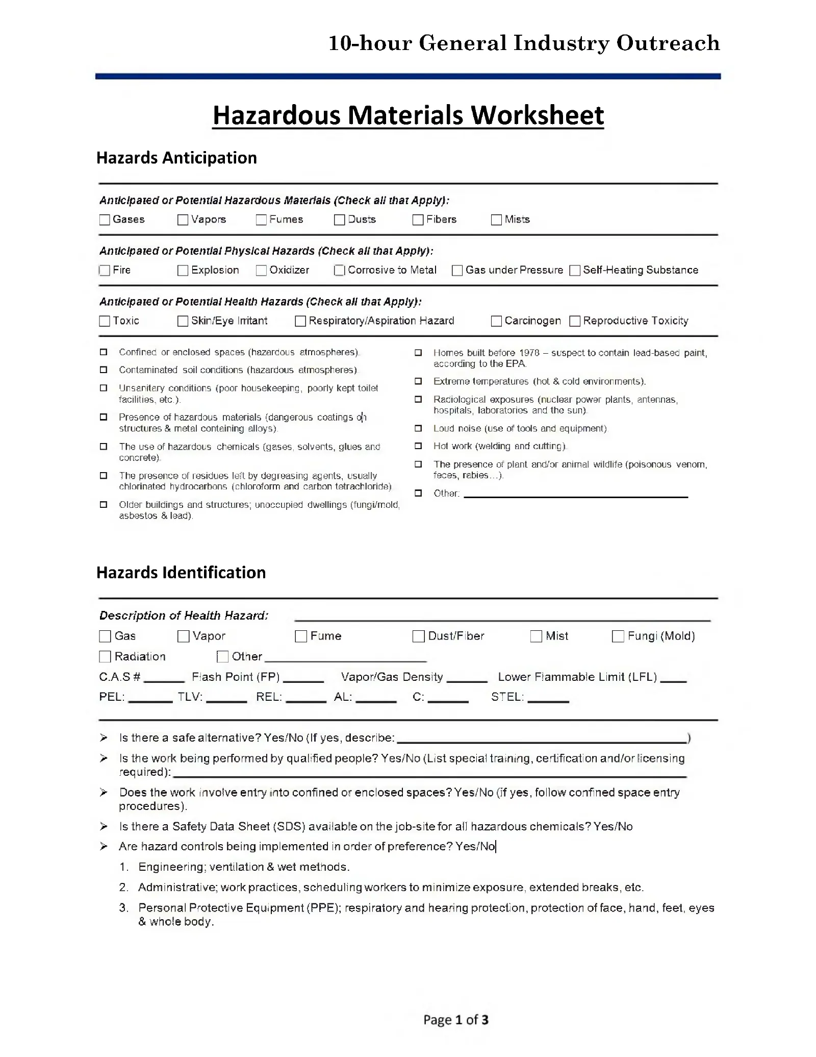 Hazardous Materials: Student Worksheet (OSHA 10-Hour General Industry Outreach), page 1: Hazardous Materials Worksheet
