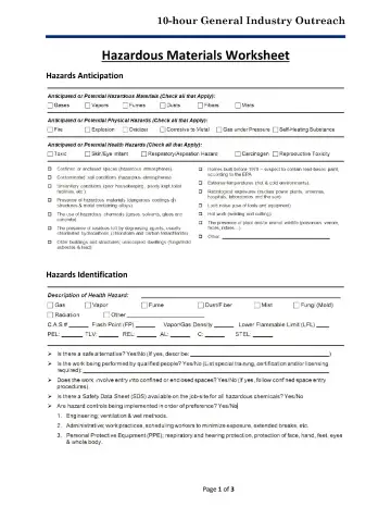 Page 1: Hazardous Materials Worksheet