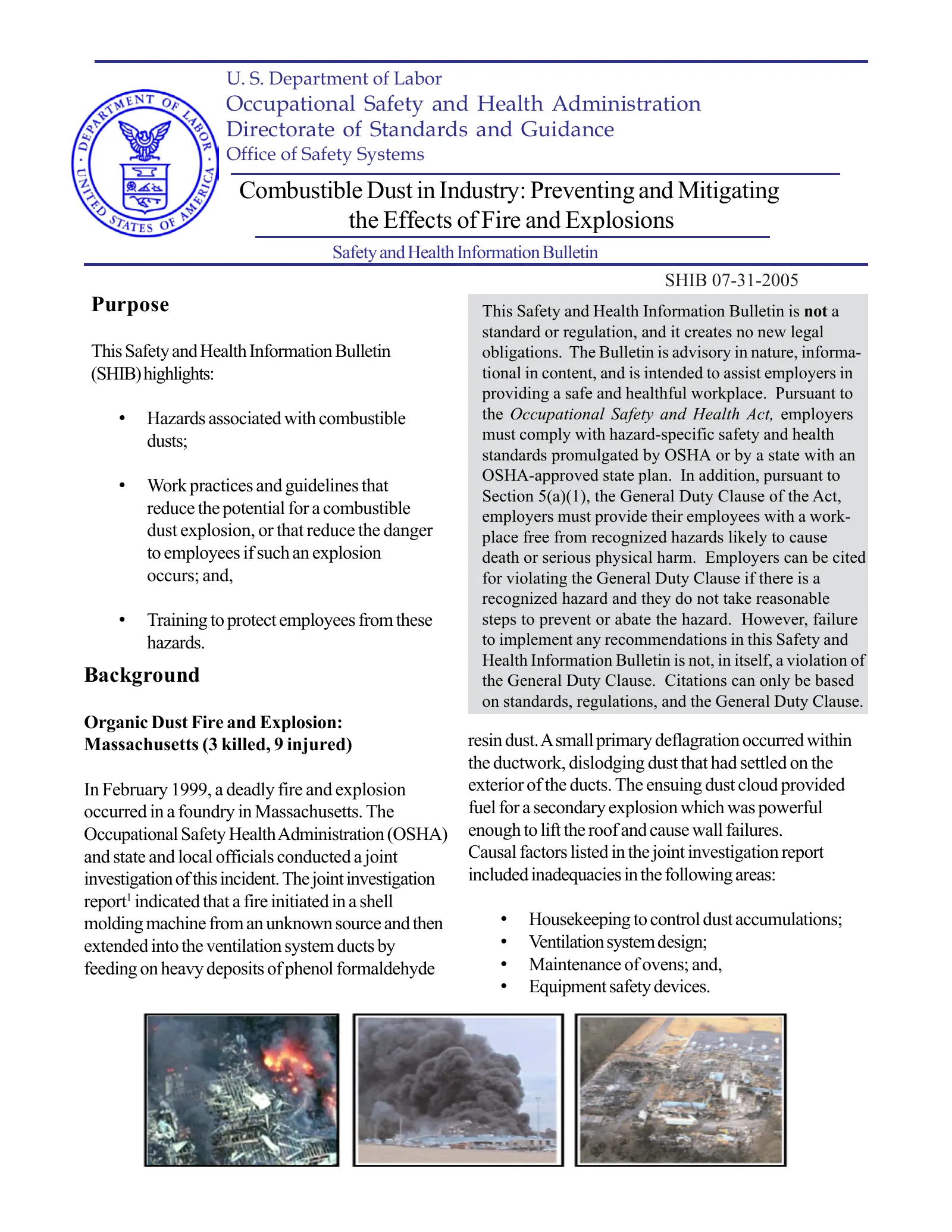 Preventing and Mitigating the Effects of Fire and Explosions (OSHA SHIB 07-31-2005), page 1: Occupational Safety and Health Administration Directorate of Standards and Guidance