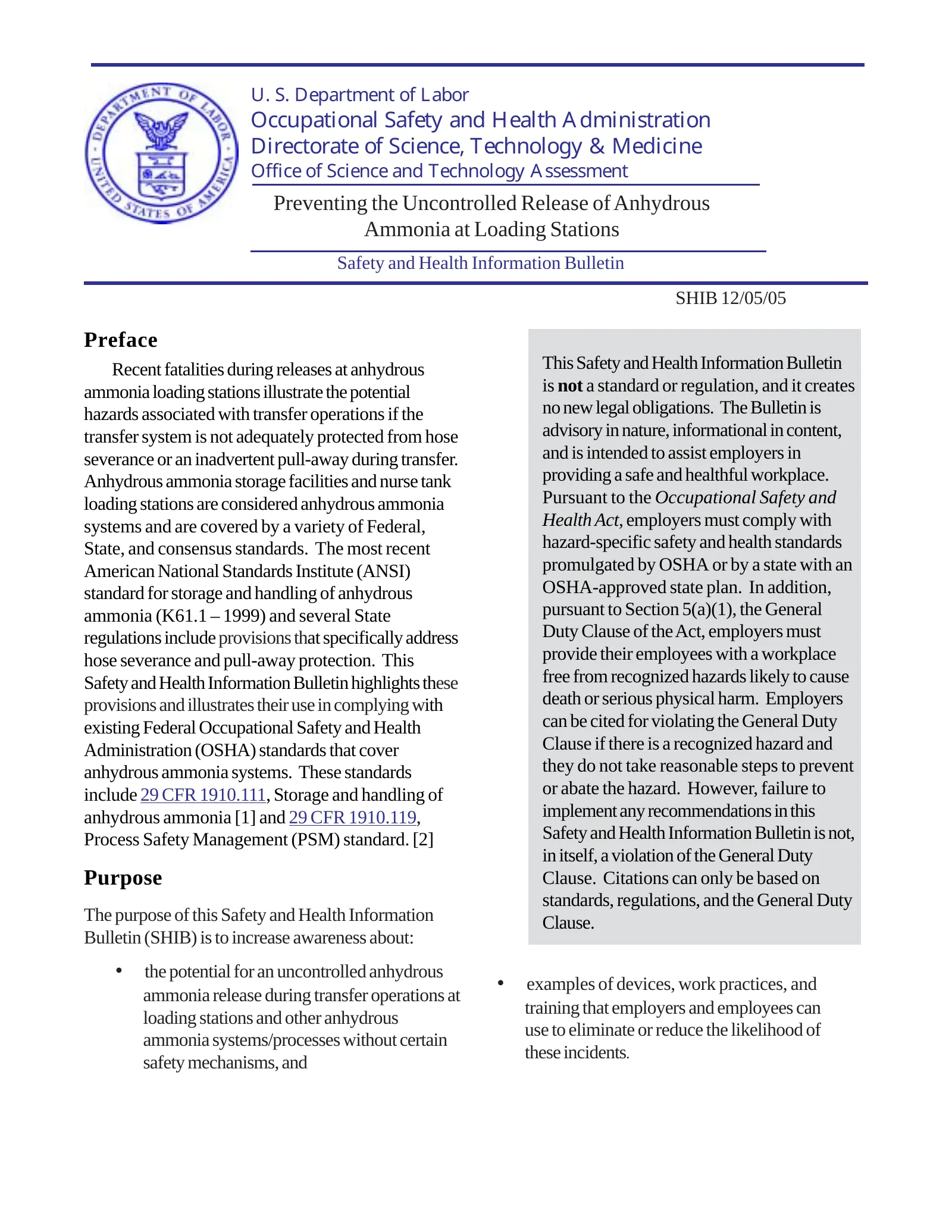 Preventing the Uncontrolled Release of Anhydrous Ammonia at Loading Stations (OSHA SHIB 12-05-2005), page 1: Occupational Safety and Health Administration Directorate of Science, Technology &…