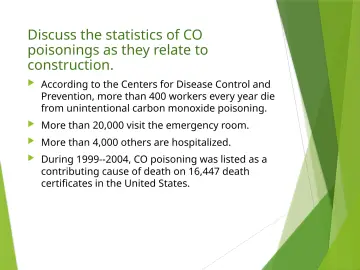 Slide 11: Discuss the statistics of CO poisonings as they relate to construction.