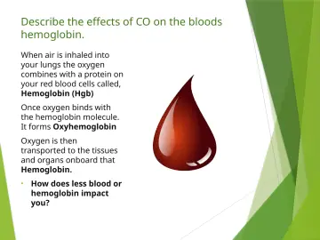 Slide 15: Describe the effects of CO on the bloods hemoglobin.