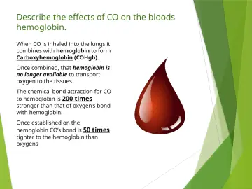 Slide 16: Describe the effects of CO on the bloods hemoglobin.