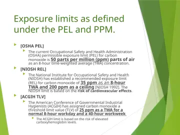 Slide 20: Exposure limits as defined under the PEL and PPM.