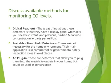 Slide 23: Discuss available methods for monitoring CO levels.