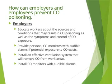 Slide 36: How can employers and employees prevent CO poisoning.