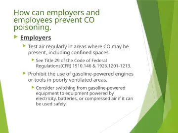 Slide 37: How can employers and employees prevent CO poisoning.