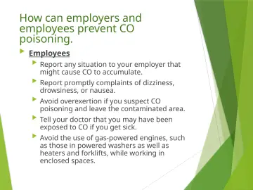 Slide 38: How can employers and employees prevent CO poisoning.