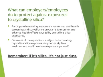 Slide 70: What can employers/employees do to protect against exposures to crystalline silica?