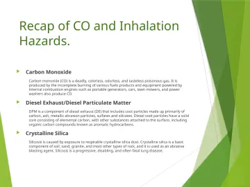 Slide 72: Recap of CO and Inhalation Hazards.