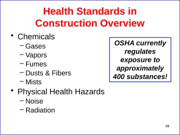 Slide 49: Health Standards in Construction Overview