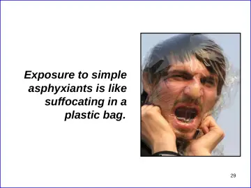 Slide 29: Exposure to simple asphyxiants is like suffocating in a plastic bag.