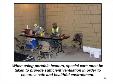 Slide 31: When using portable heaters, special care must be taken to provide sufficient ventilation…