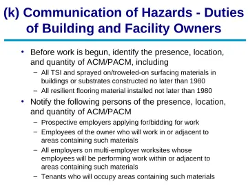 Slide 42: (k) Communication of Hazards - Duties of Building and Facility Owners