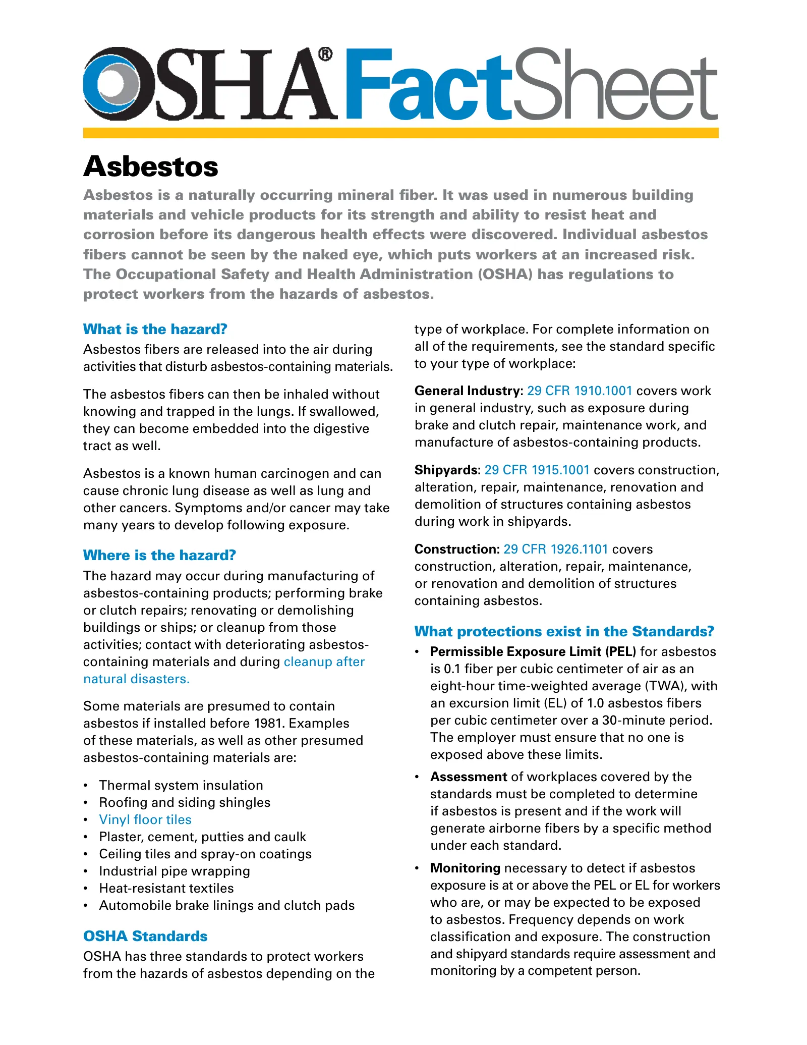 Asbestos Fact Sheet (OSHA 3507), page 1: FactSheet