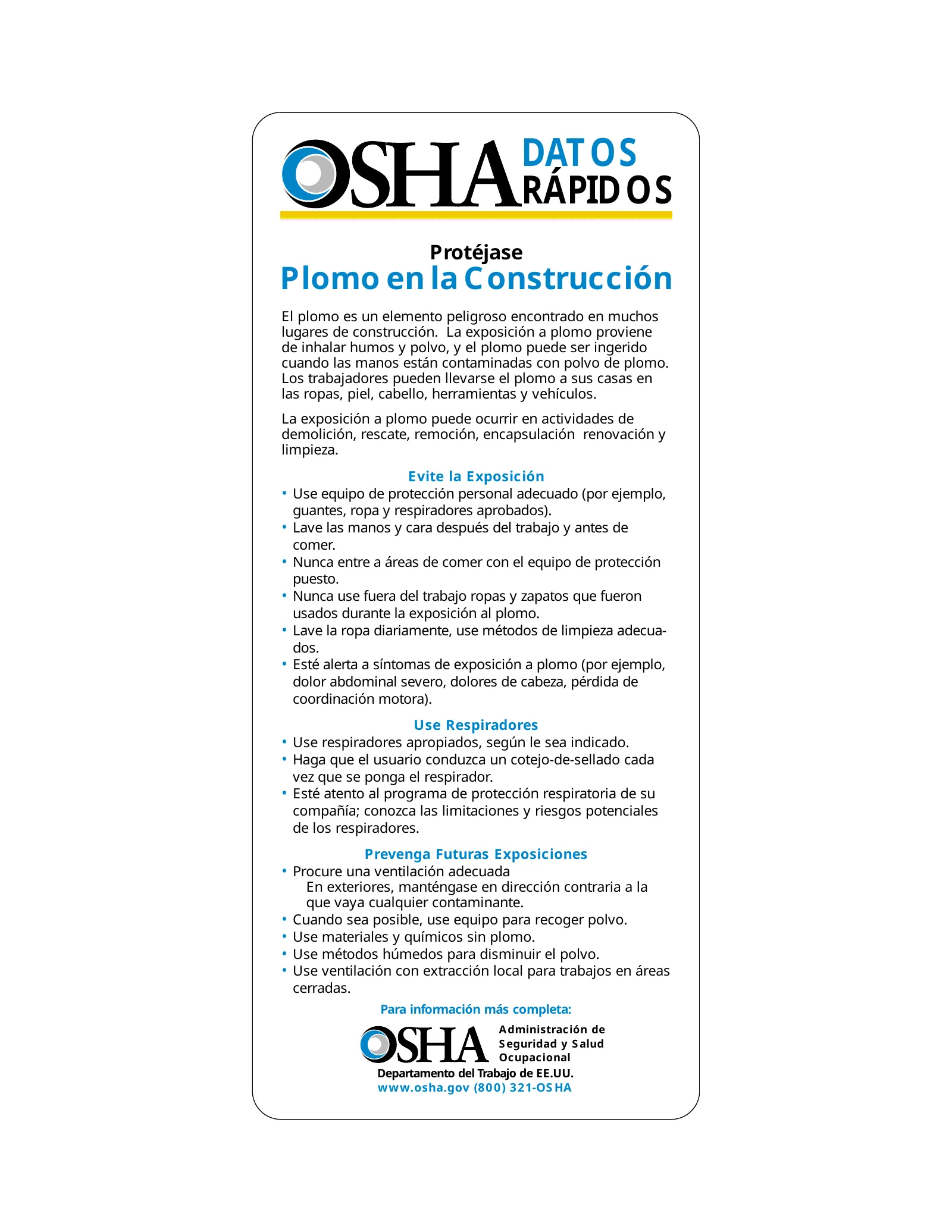 Tarjeta: El plomo en la construcción (OSHA 3291), page 1: DATOS RÁPIDOS