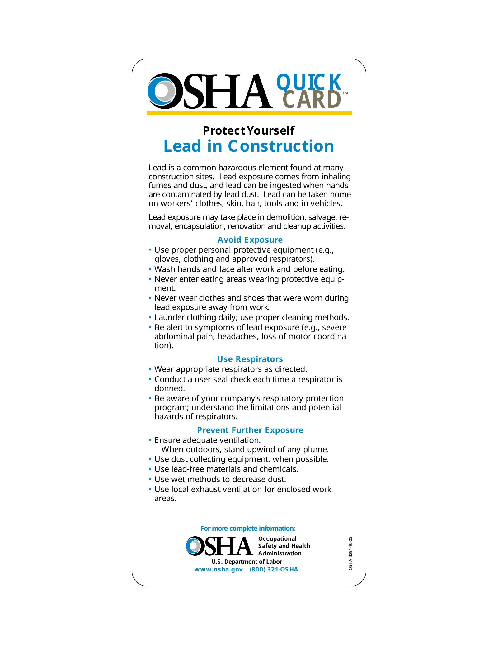 Lead in Construction QuickCard (OSHA 3291), page 1: CARD