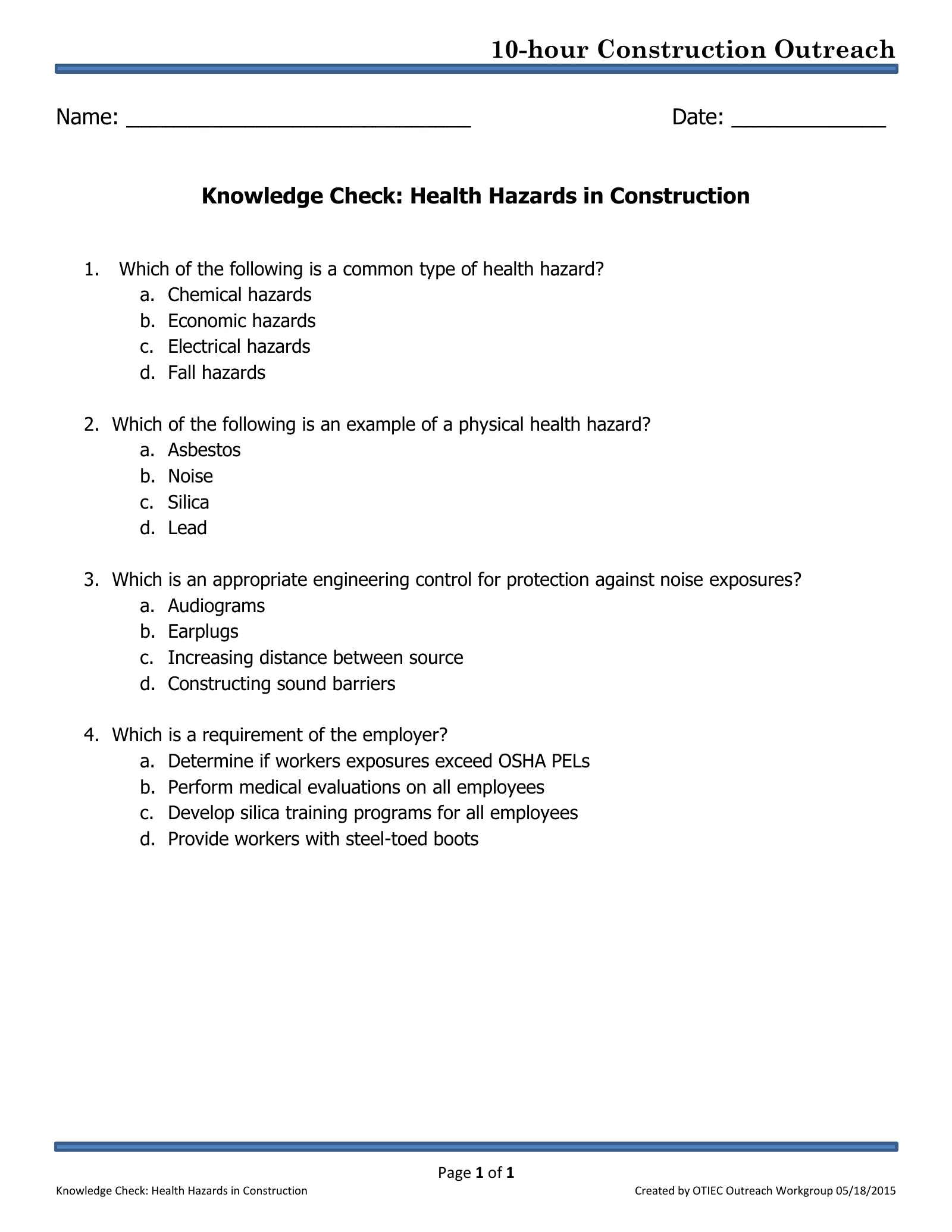 Health Hazards in Construction: Knowledge Check (OSHA 10-Hour Construction Outreach), page 1: 10-hour Construction Outreach