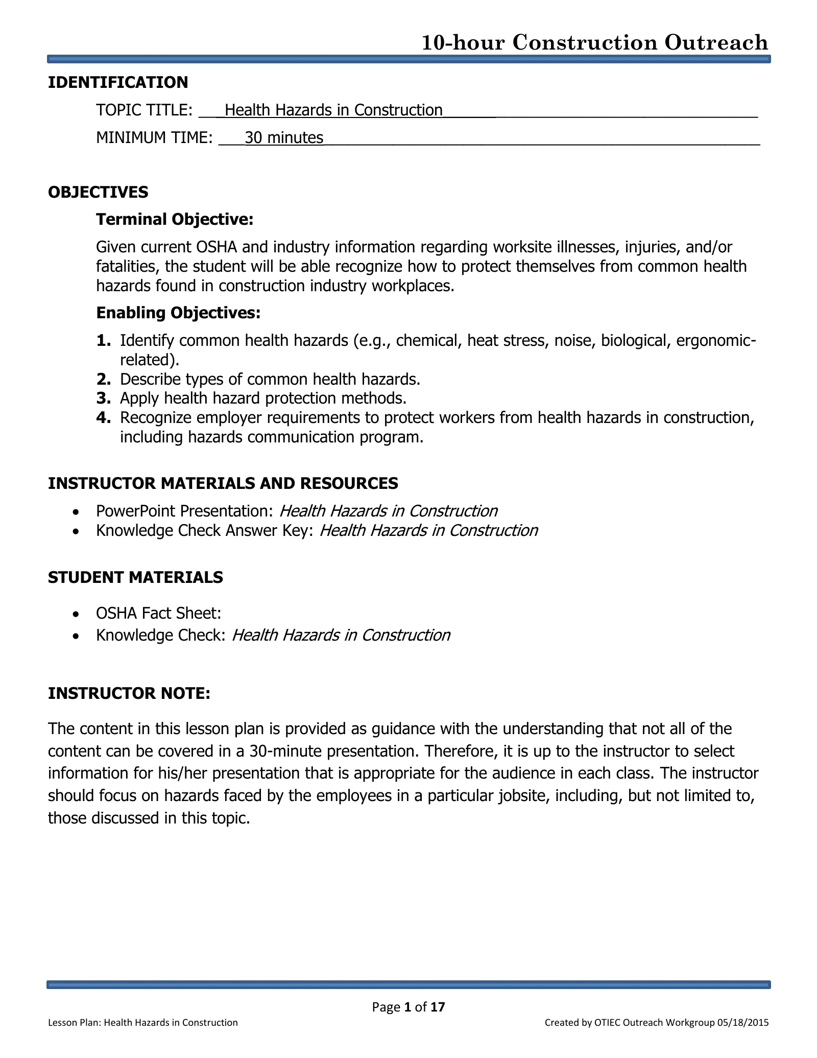 Health Hazards in Construction: Lesson Plan (OSHA 10-Hour Construction Outreach), page 1: IDENTIFICATION