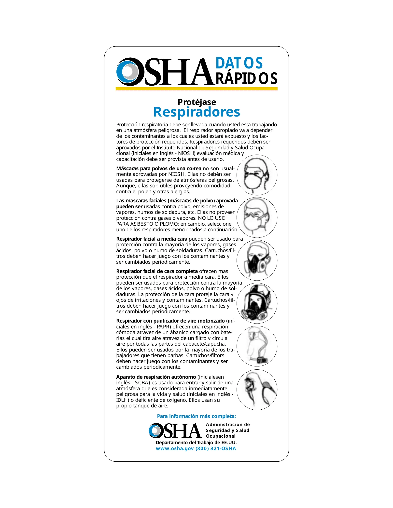 Tarjeta: Respiradores (OSHA 3280), page 1: DATOS RÁPIDOS