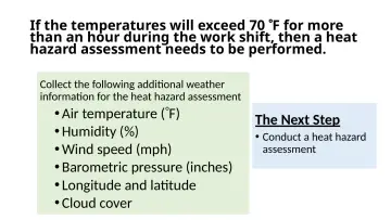 Slide 75: If the temperatures will exceed 70 °F for more than an hour during the work shift, then a…